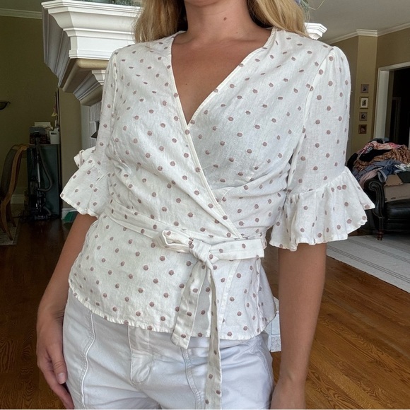 WAYF Cream Swiss Dot White Linen Wrap Front Blouse XL - Picture 1 of 4